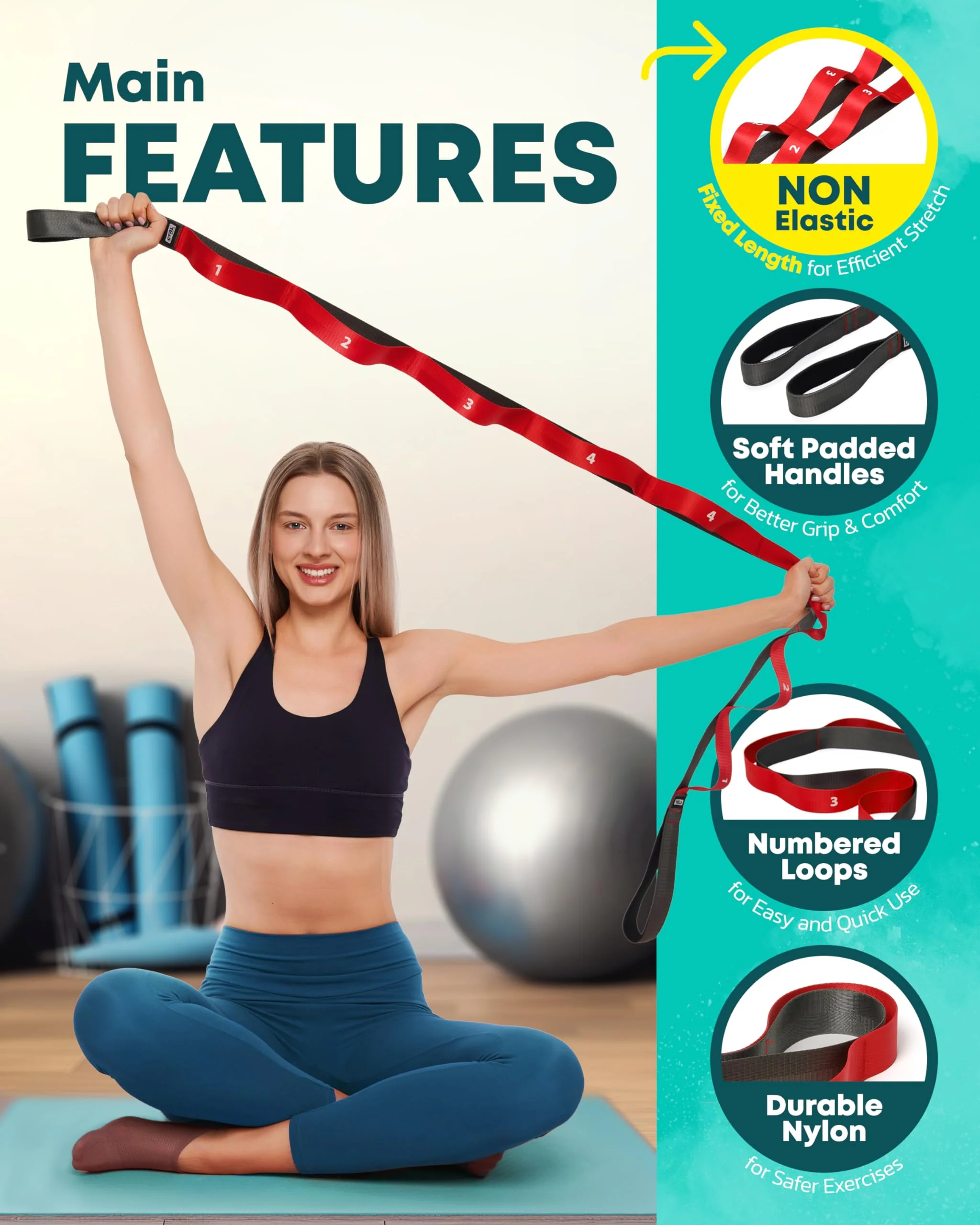 Stretching Strap with Loops - Non Elastic Stretch Band for Physical Therapy, Yoga Strap for Stretching Equipment, Stretch Bands for Exercise and Flexibility - Fascia, Hamstring and Leg Stretcher Belt - Image 8