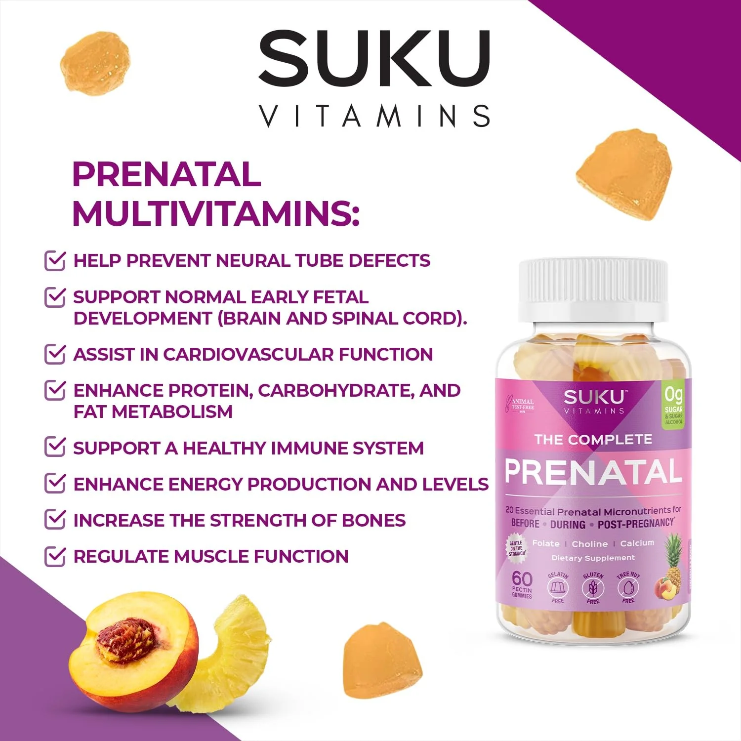 SUKU Prenatal Multivitamin Gummies – Folate, Calcium, Vitamin D3, B12, K2 – Sugar-Free, Vegetarian, Gluten-Free Pregnancy Support – Pineapple Peach Flavor – 60 Count - Image 4
