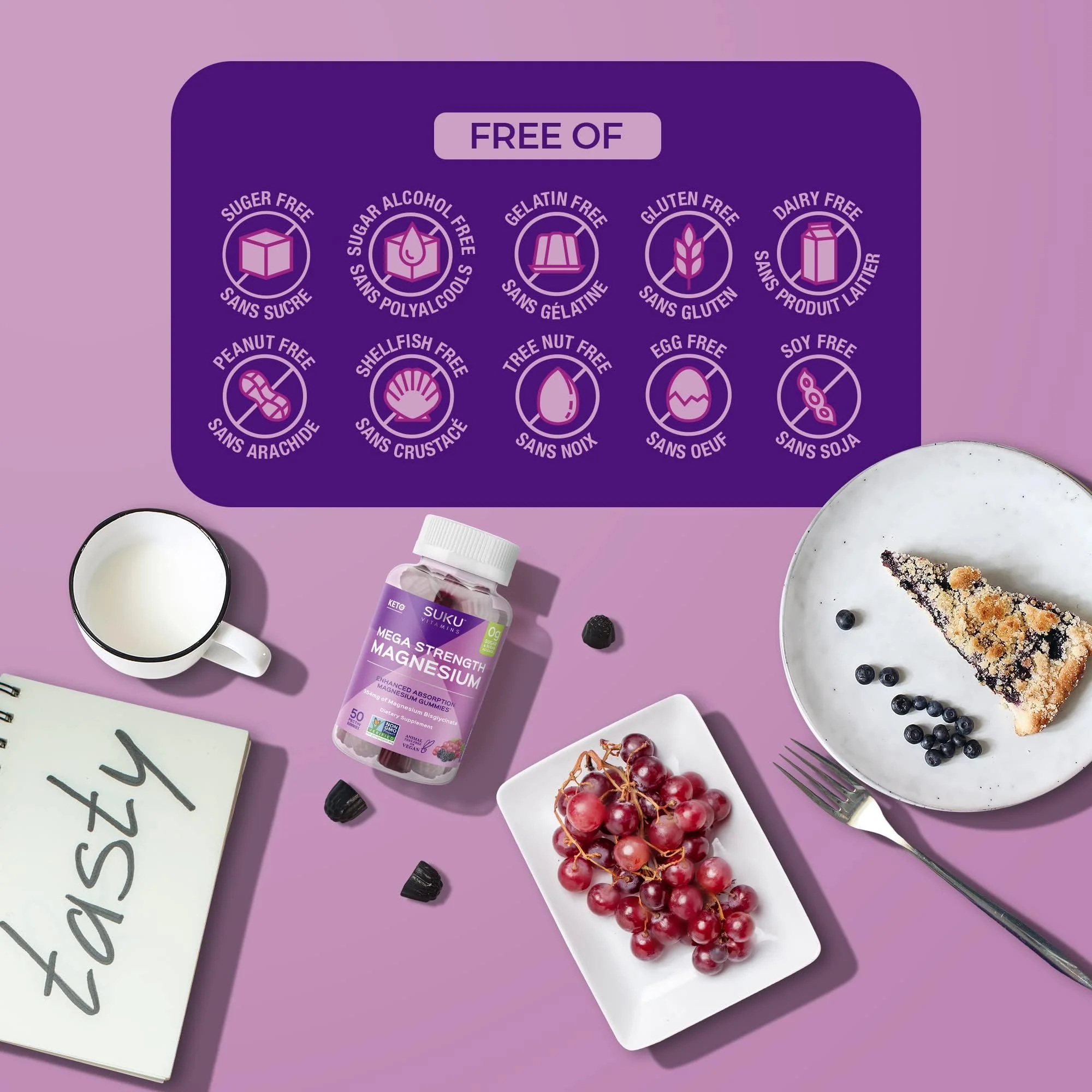 SUKU Vitamins - Mega Strength Magnesium - 177 mg of Magnesium Bisglycinate Gummies for Muscle Function - Easy to Chew - Non GMO, Gluten Sugar Free - Grape BlackBerry Flavored Gummy Vitamins (50 Count) - Image 2