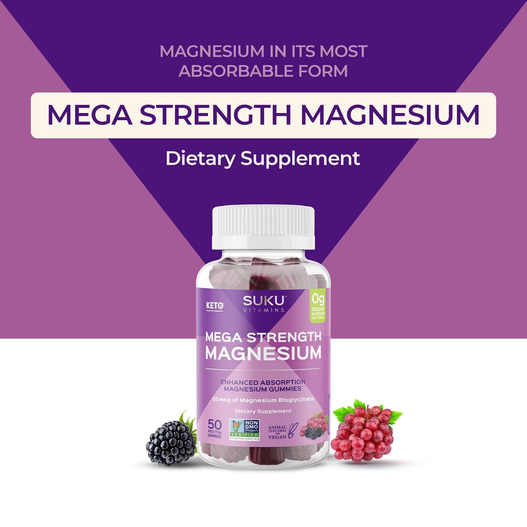 SUKU Vitamins - Mega Strength Magnesium - 177 mg of Magnesium Bisglycinate Gummies for Muscle Function - Easy to Chew - Non GMO, Gluten Sugar Free - Grape BlackBerry Flavored Gummy Vitamins (50 Count) - Image 7