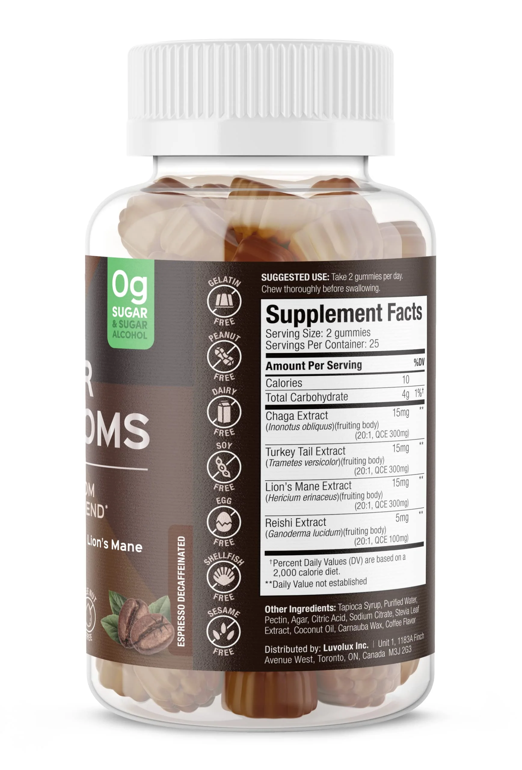 SUKU Vitamins - Super Mushroom -Reishi Chaga, Turkey Tail & Lions Mane Blend Gummies for Immunity - Easy to Chew - Non GMO, Gluten Sugar Free - Espresso Decaffeinated Flavored Gummy Vitamins, 50 Count - Image 7