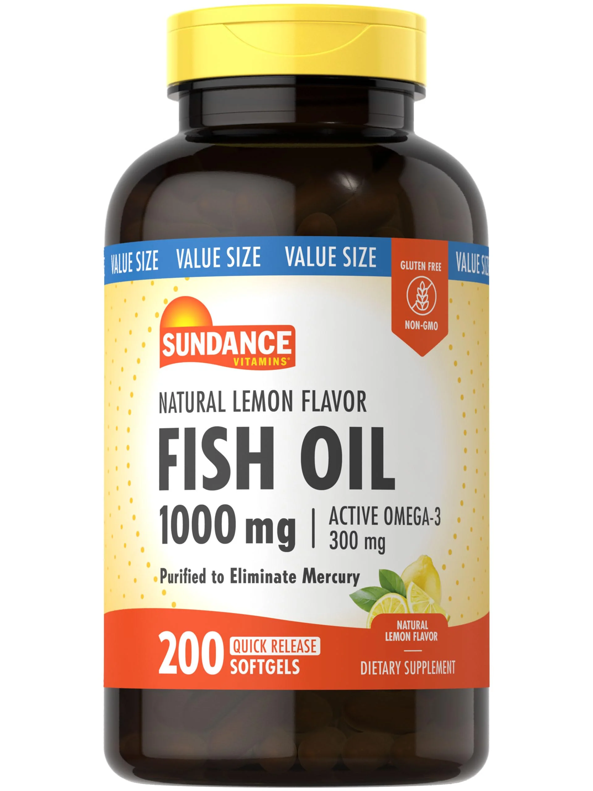 Sundance Fish Oil Softgels 1000mg with Active Omega-3 | 200 Softgels | Natural Lemon Flavor | Non-GMO and Gluten Free Supplement