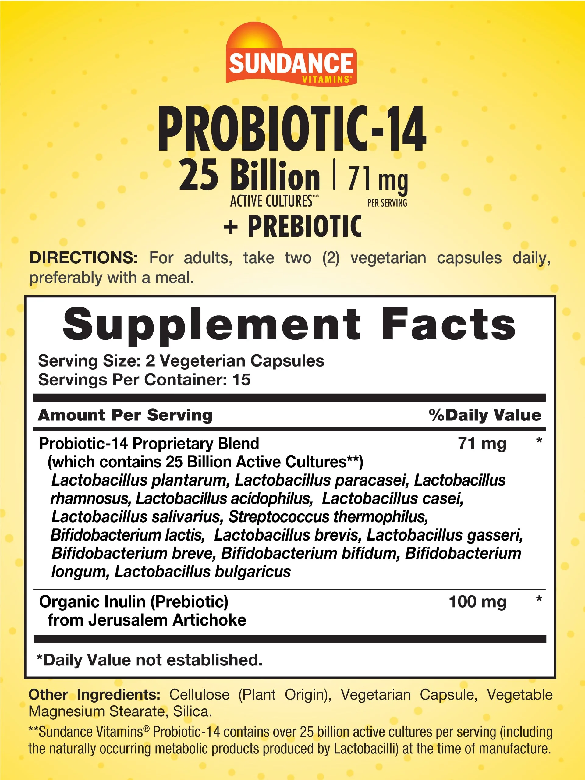 Sundance Probiotic-14 | 25 Billion Cultures | 30 Capsules | with Prebiotics | Vegetarian, Non-GMO, and Gluten Free Supplement - Image 2