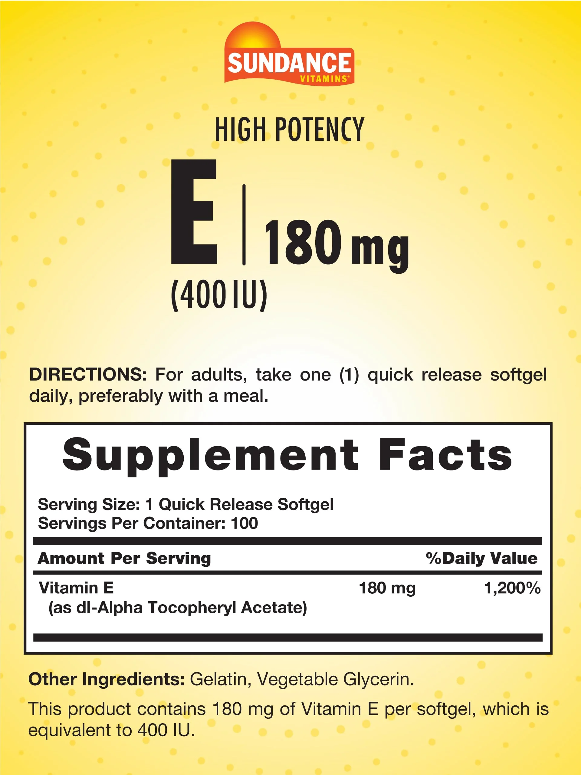 Sundance Vitamin E 180mg (400 IU) | 100 Quick Release Softgels | High Potency Formula | Non-GMO and Gluten Free Supplement - Image 2