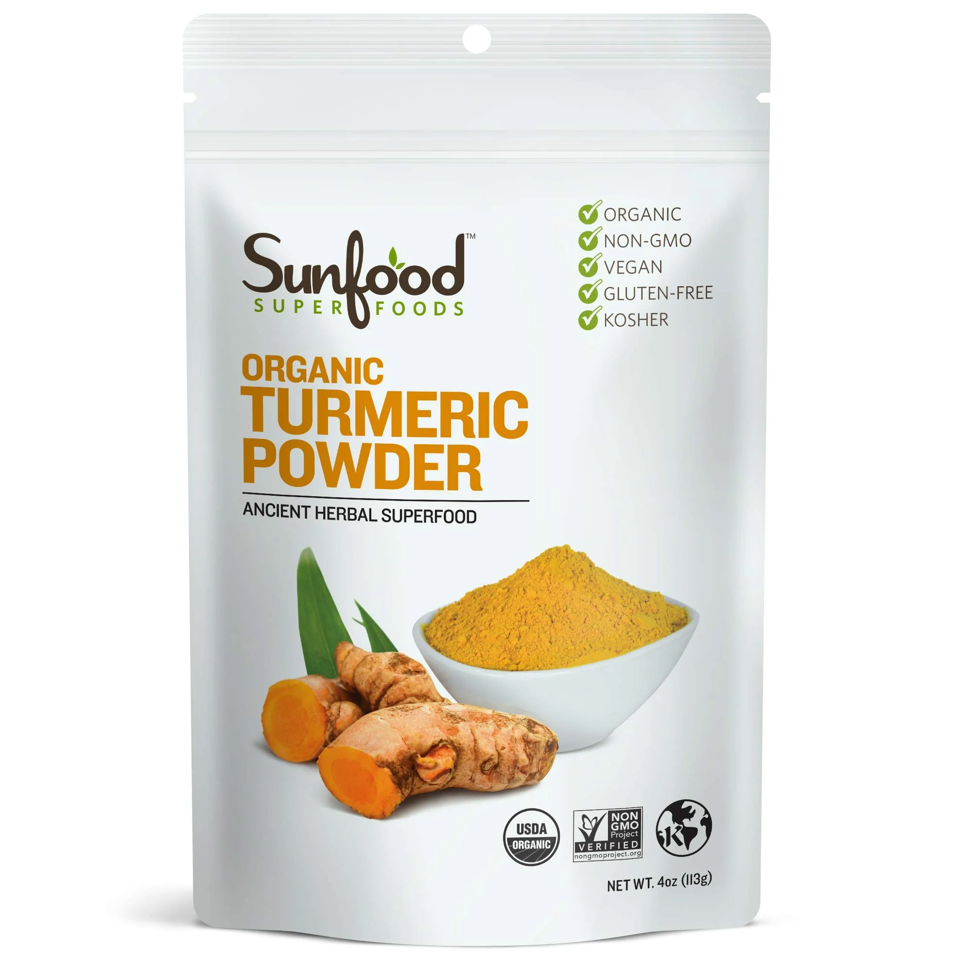 Sunfood Organic Turmeric Powder - Turmeric Powder Organic, Ground Turmeric Powder, Curcuma Supplement, Pure Ground Spice for Health, Seasoning, Curcumin, Organic Turmeric Root Powder - 4 oz Bag