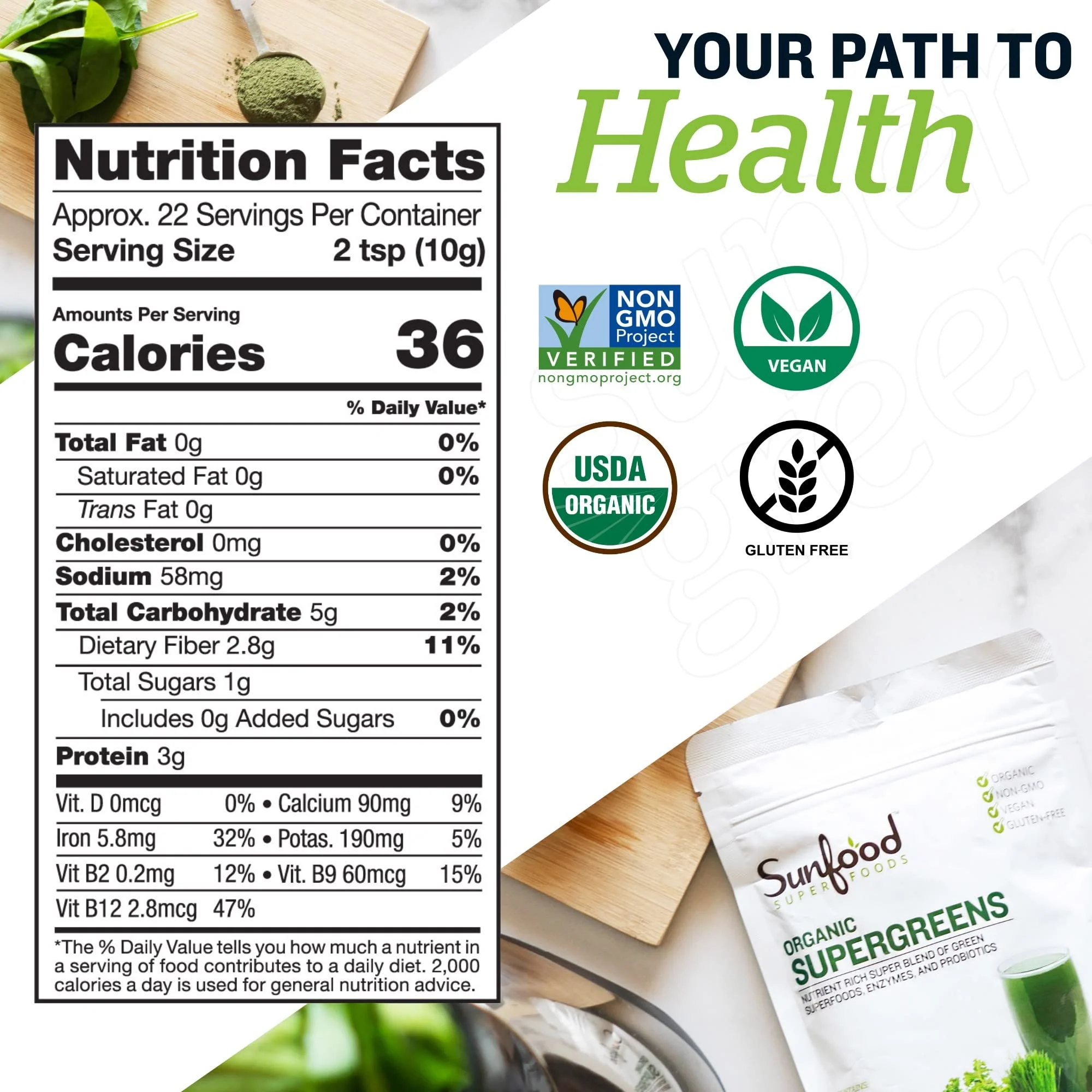 Sunfood Supergreens - Greens Superfood Powder, Super Greens Powder, Organic Greens Blend, Daily Green Juice Powder, Vegetable Smoothie Drink Mix for Gut Health with Chlorella & Spirulina - 8 oz Bag - Image 6
