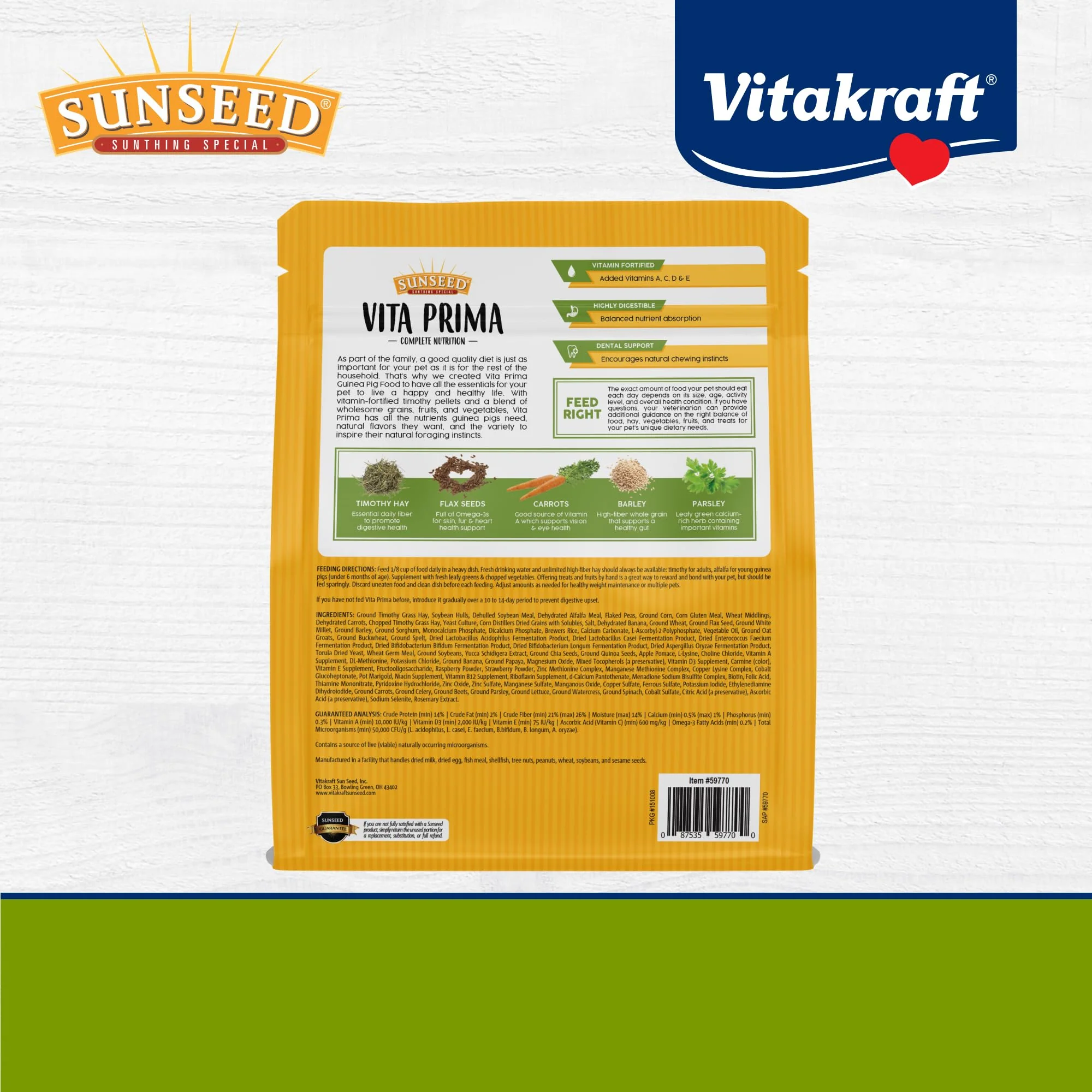 Sunseed Vita Prima Guinea Pig Food 4 lbs. with Timothy Hay, Alfalfa, Vegetables, Seeds Grains, and Added Vitamin C for Wholesome Daily Nutrition and Enriched Small Animal Diet - Image 3