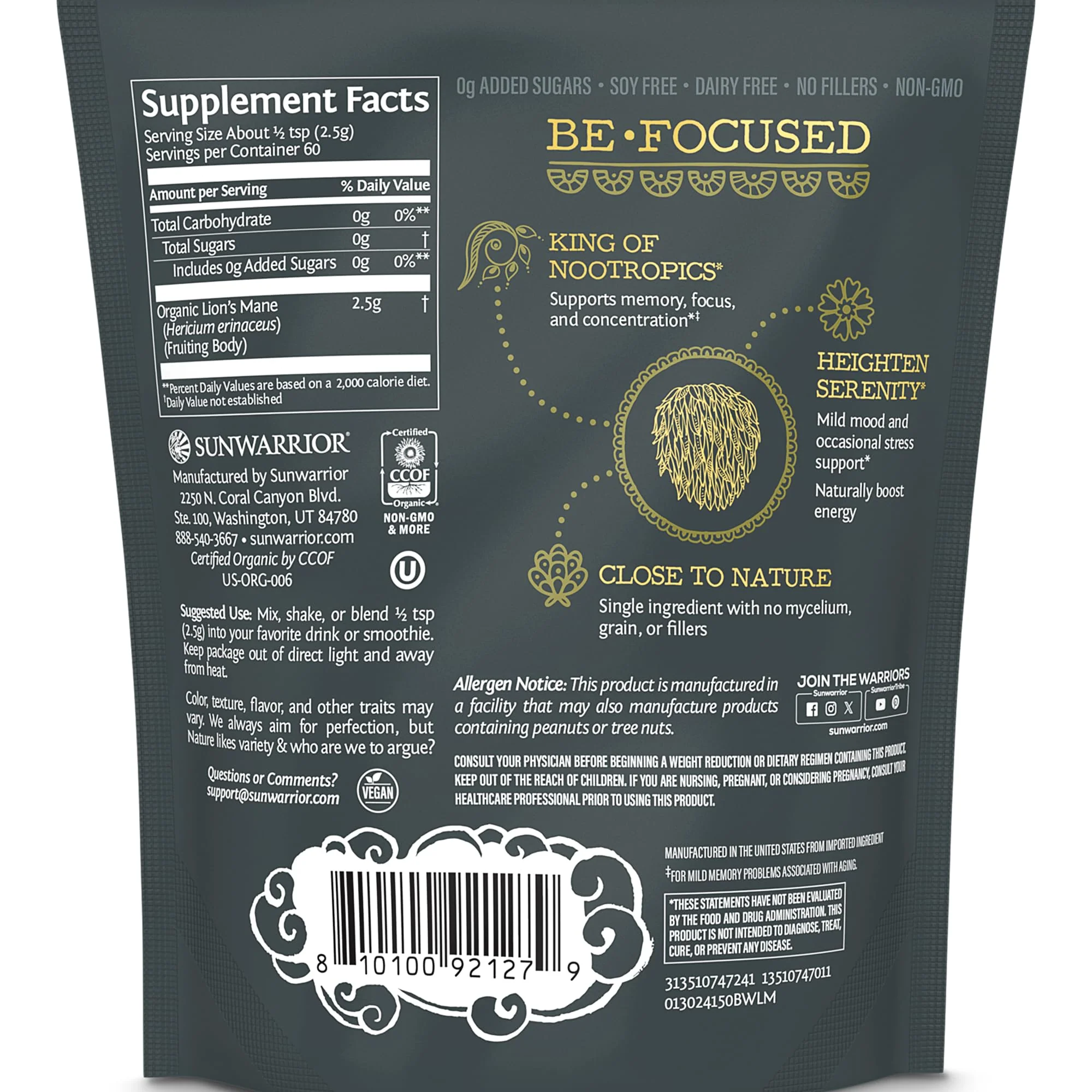 Sunwarrior Lions Mane Supplement Organic Mushroom Powder | Lion's Mane Powder Focus Supplement Mushroom Tea | 150g Pouch 60 Servings | Be Well - Image 7