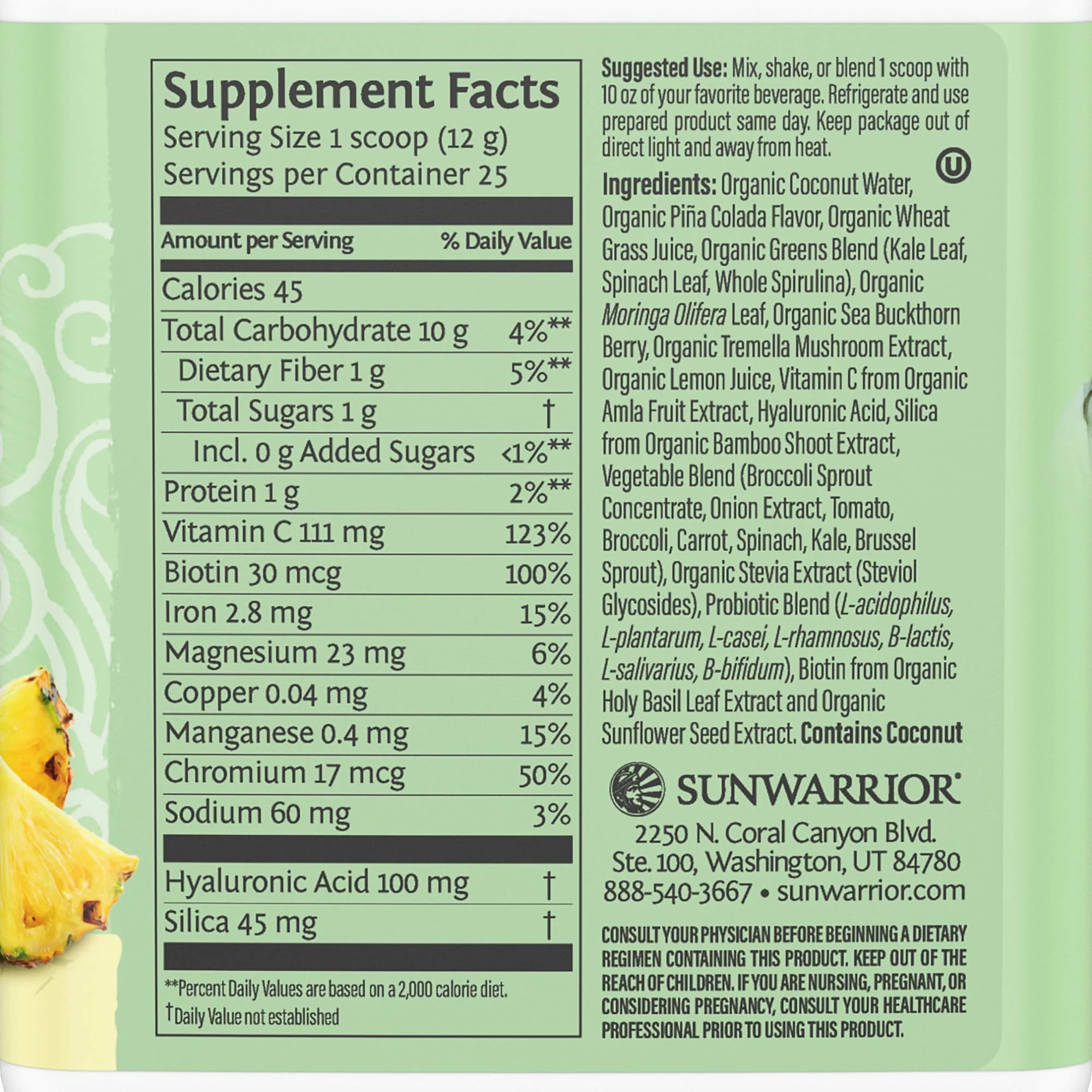 Sunwarrior Vegan Beauty Greens Drink Plant-Based | Hyaluronic Acid Minerals Biotin Probiotics Non-GMO Soy Free Sugar Free Dairy Free Gluten Free | Pina Colada 25 Servings - Image 7