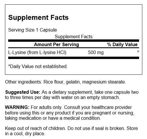 Swanson Amino Acid Free-Form L-Lysine 500 Milligrams 100 Capsules - Image 2