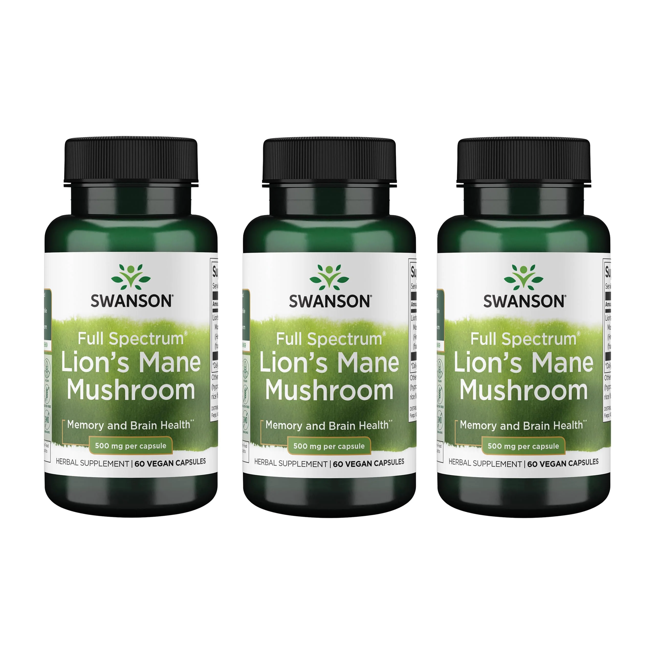 Swanson Lion's Mane Mushroom - Traditional Brain Booster Supplement Made from Hericium Erinaceus (60 Capsules, 500mg Each) 3 Pack