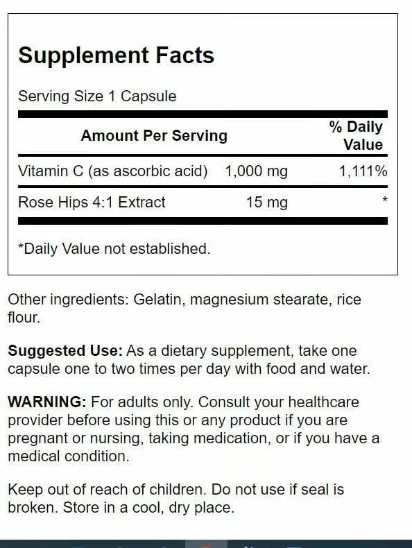 Swanson Vitamin C with Rose HIPS Immune System Support Skin Cardiovascular Health Antioxidant Supplement 1000 mg 250 Capsules (Caps) (3 Pack) - Image 7
