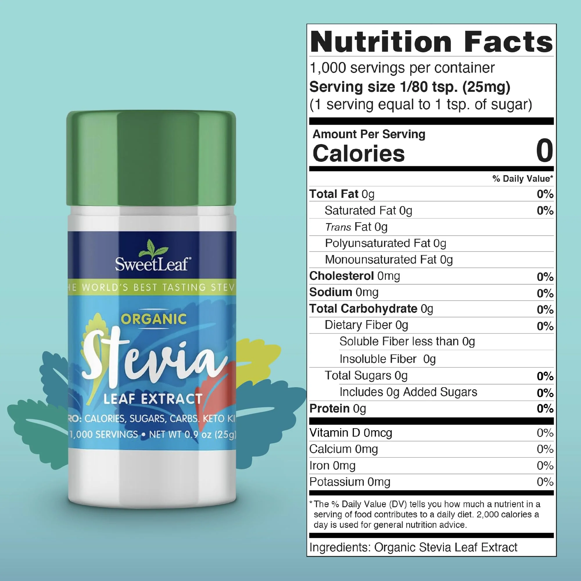 SweetLeaf Organic Pure Stevia Powder Shaker Jar - Zero Calorie Sweetener with Pure Stevia Leaf Extract, No Artificial Sweetener Additive, Sugar Free, Keto Friendly, Gluten Free - 0.9 Oz (Pack of 1) - Image 6