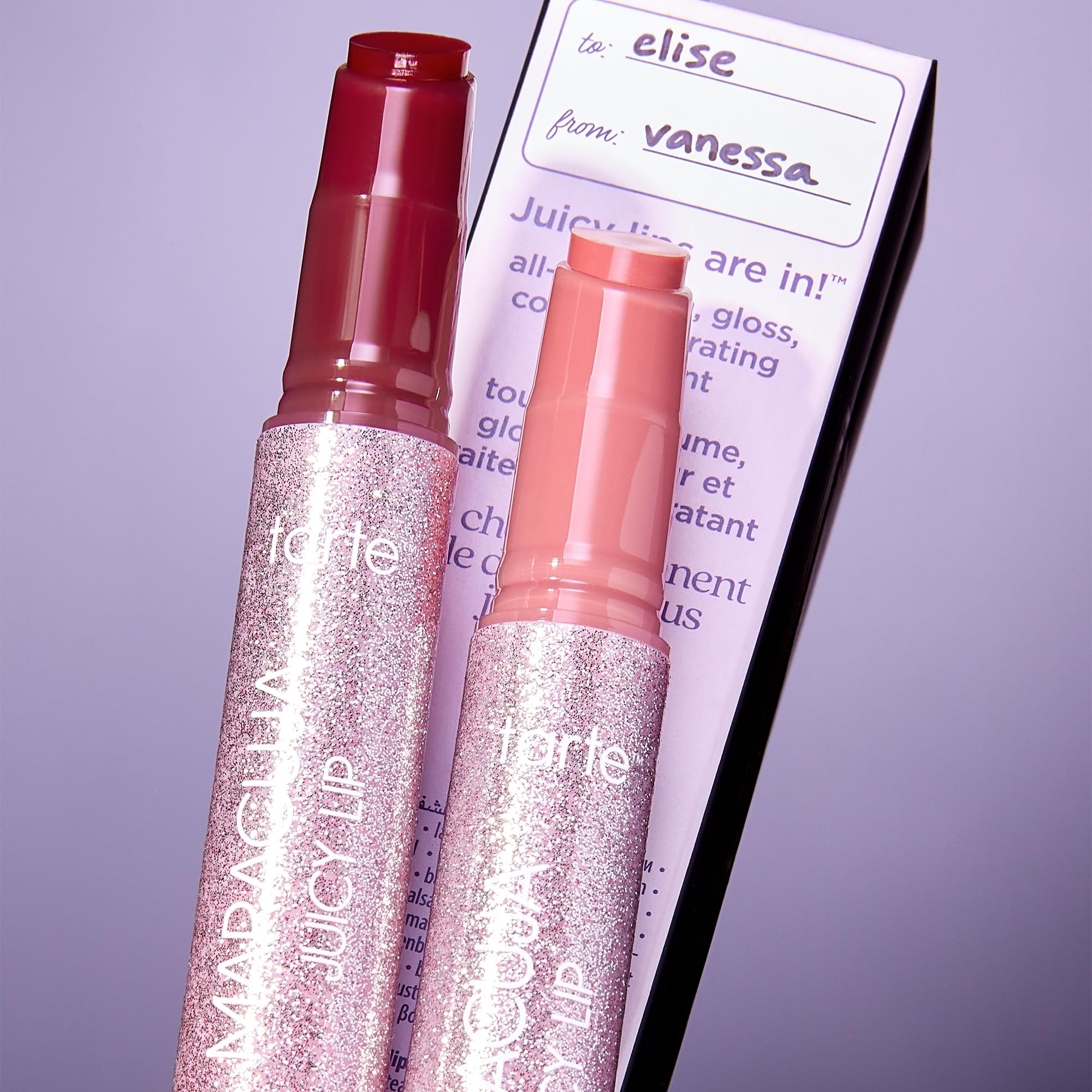 tarte maracuja juicy lip balm bestsellers duo – Hydrating & Nourishing Lip Gloss Balm with Vitamin E, Vegan & Cruelty-Free, full size, rose & passion fruit - Image 9