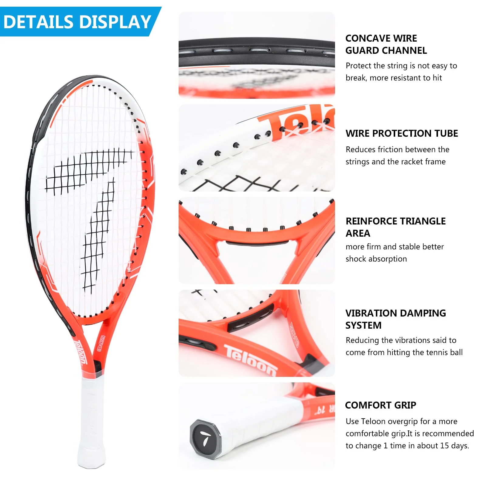 Teloon Kids Tennis Racket, 19"-25" Inch Youth Tennis Racquet with Cover, Junior Tennis Racquet for Kids Children Boys Girls Age 3-12. (Orange, 19) - Image 5