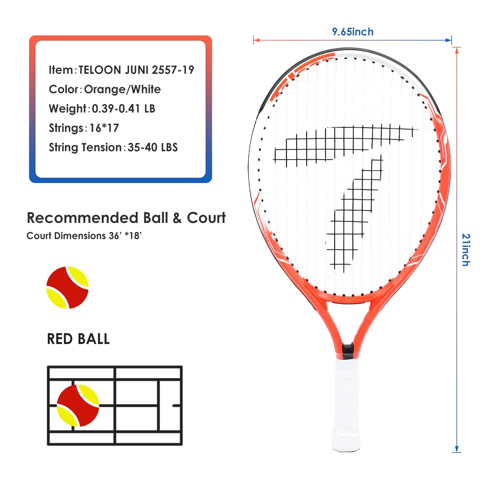 Teloon Kids Tennis Racket, 19"-25" Inch Youth Tennis Racquet with Cover, Junior Tennis Racquet for Kids Children Boys Girls Age 3-12. (Orange, 19) - Image 6