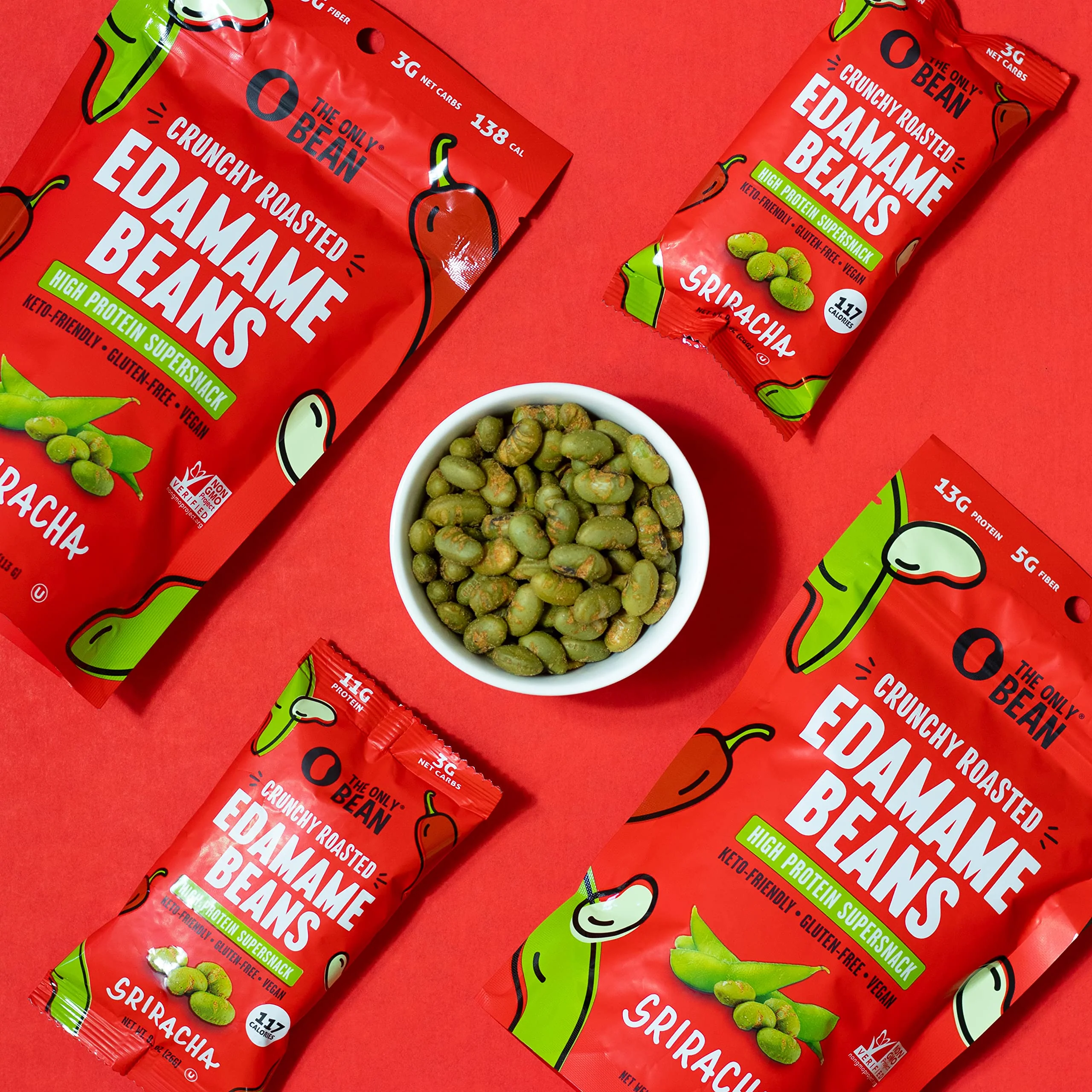 The Only Bean Crunchy Roasted Edamame Snacks Pack (Sriracha), Protein Keto Food, Gluten Free, Asian Japanese Snacks, Hot Spicy Snack, 0.9oz 10 Pack - Image 5