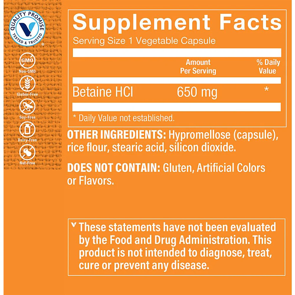 The Vitamin Shoppe Betaine HCl Fast-Acting Digestive Support 650 (100 Vegetable Capsules) - Image 3