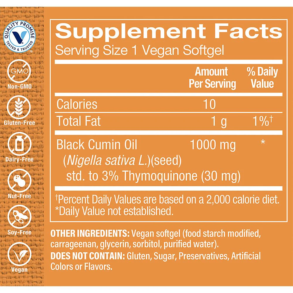 The Vitamin Shoppe Black Seed Oil 1000mg - Immune Health & Antioxidant | 3% Thymoquinone Cold-Pressed | 60 Vegan Softgels | Non-GMO - Image 3