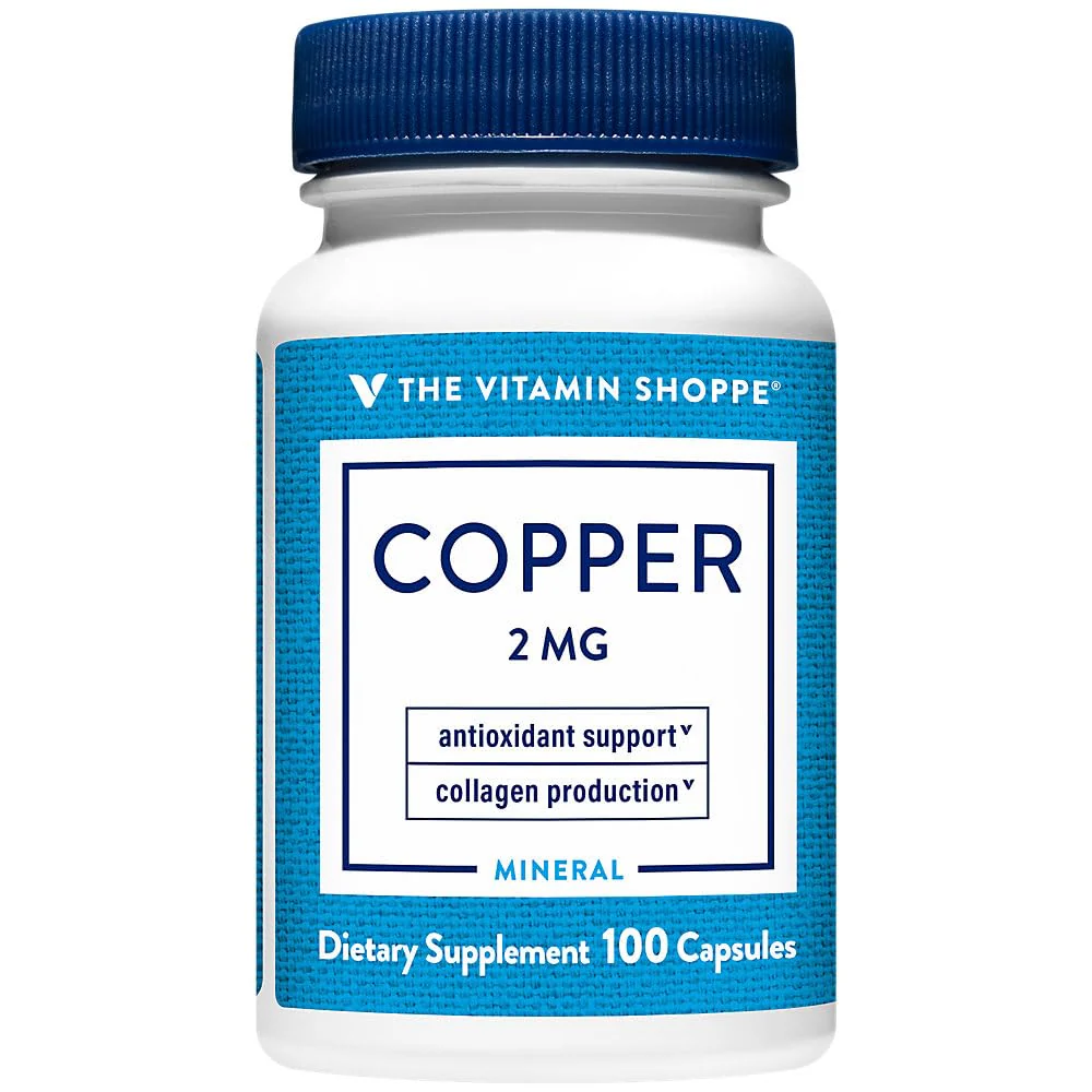 The Vitamin Shoppe Brand Copper 2 mg Capsules, Essential Trace Mineral Supplement for Men & Women, Supports Antioxidant Function, Collagen Production & Iron Metabolism, Gluten Free, 100 Capsules