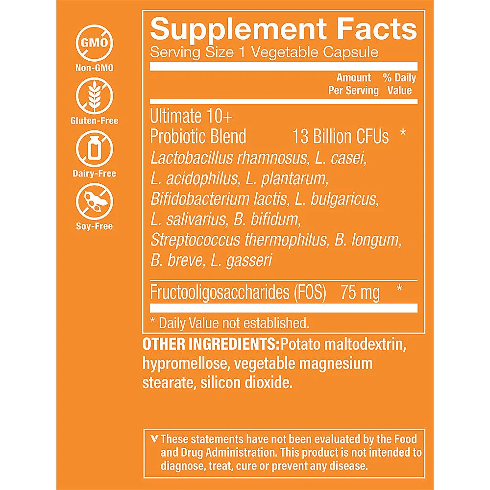 The Vitamin Shoppe Brand Ultimate 10+ Probiotics 13 Billion CFUs, Digestive & Immune Support, Multi-Strain Probiotic Supplement for Men & Women, Gluten Free, Non GMO, Vegetarian, 100 Capsules - Image 5