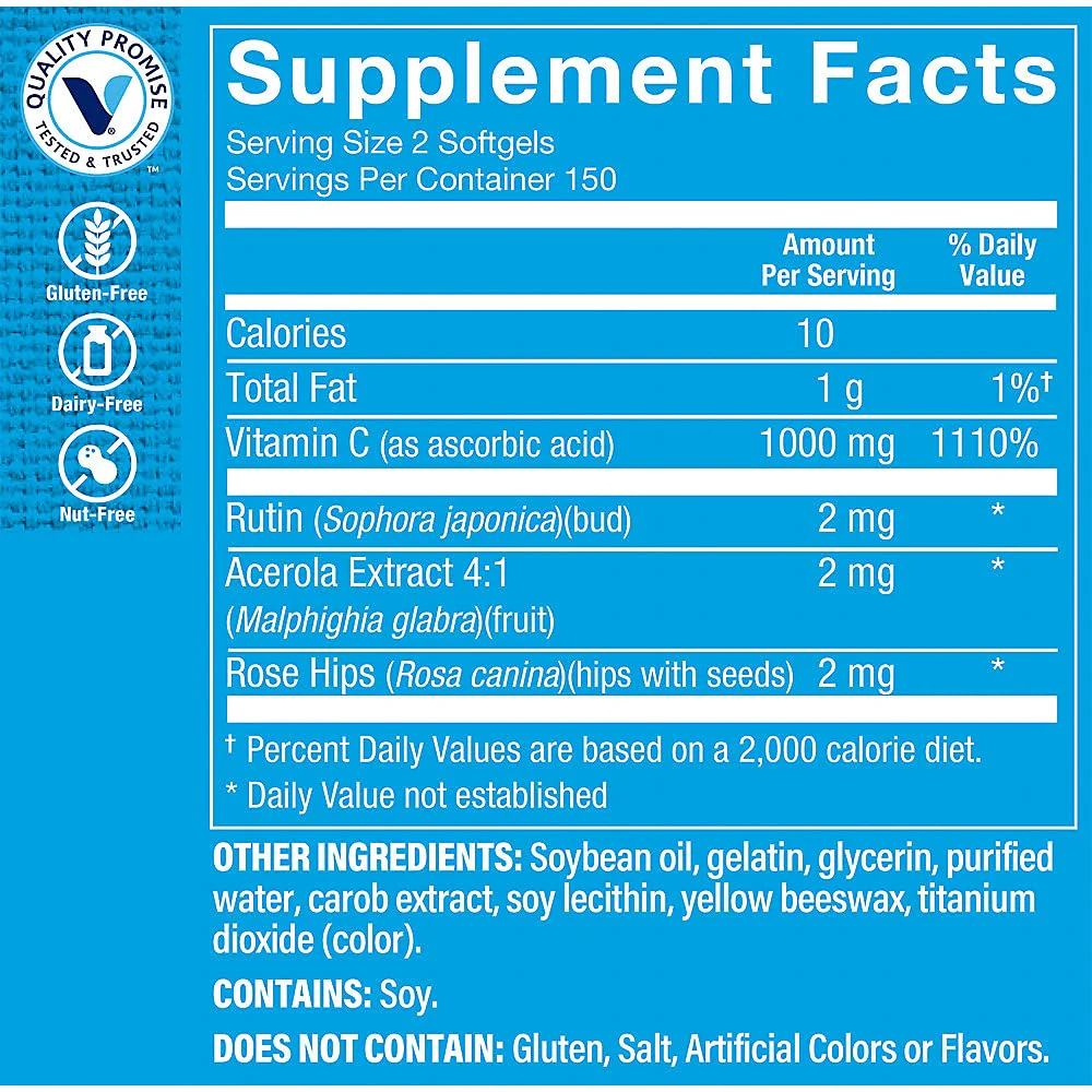 The Vitamin Shoppe Brand Vitamin C 1000 mg Capsules with Antioxidants, Immune & Collagen Production Support Supplement for Men and Women, Sugar & Gluten Free, Vegetarian, Non GMO, 300 Softgels - Image 6