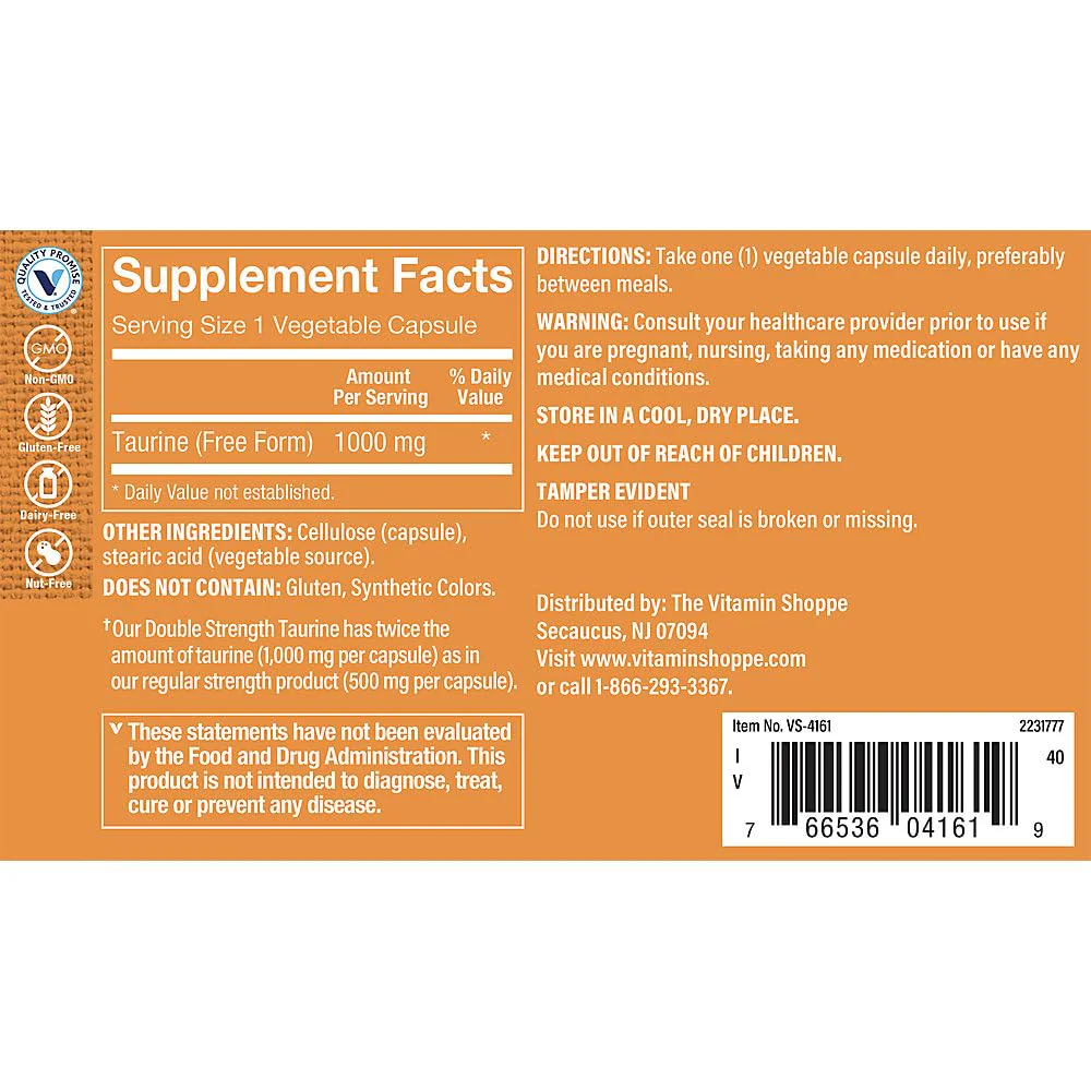 The Vitamin Shoppe Double Strength Taurine Cardiovascular Nervous System - Image 2