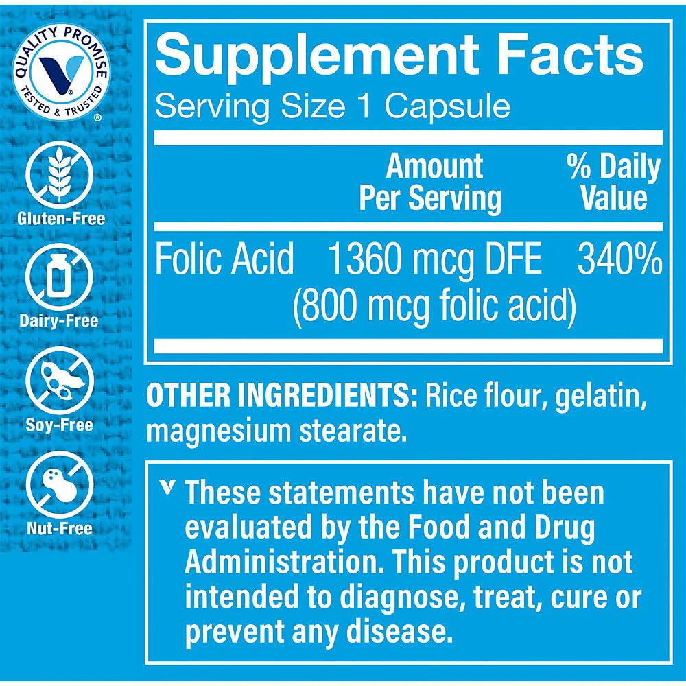The Vitamin Shoppe Folic Acid 800MCG, Supports Prenatal Fetal (100 Capsules) - Image 5