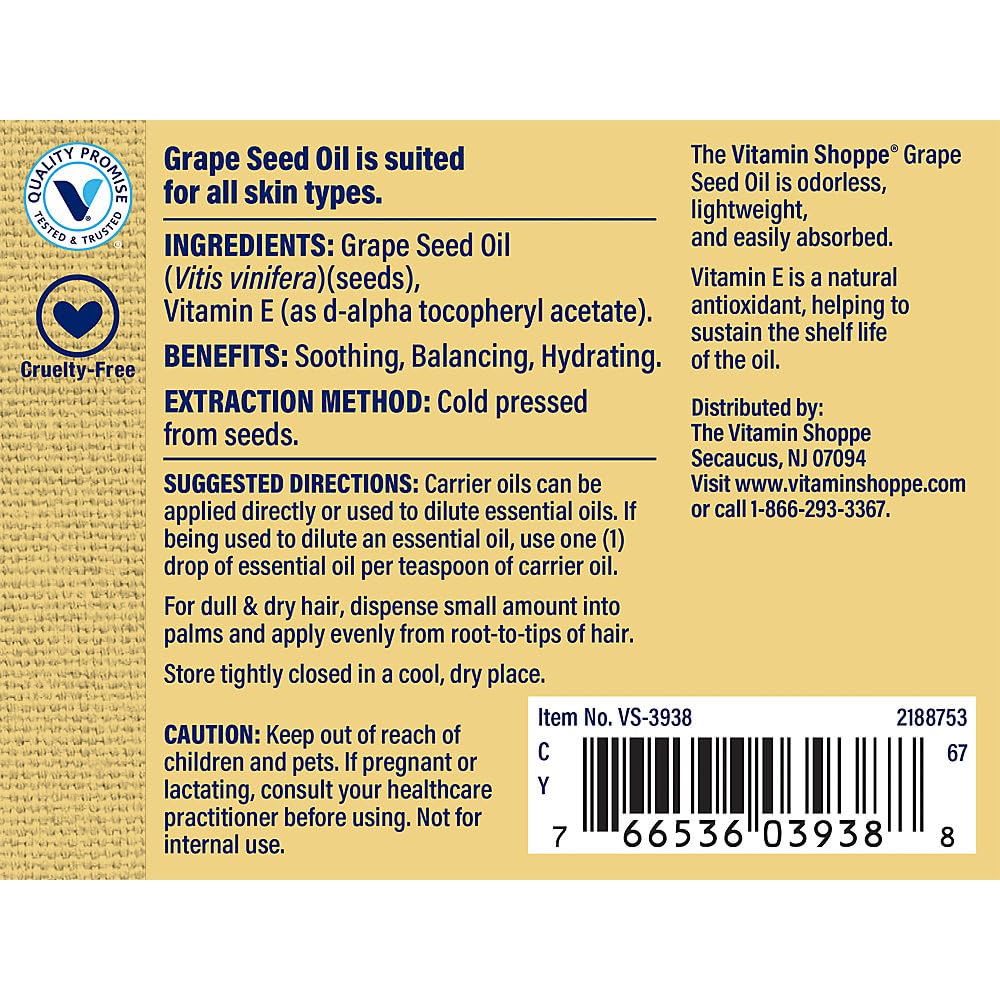 The Vitamin Shoppe Grape Seed Carrier Oil with Vitamin E - Soothing Balancing Skin Care | Aromatherapy Base | 4 oz | Hydrating - Image 4