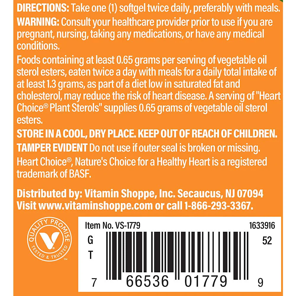 The Vitamin Shoppe Heart Choice® Plant Sterols, Supports Cardiovascular (60 Softgels) - Image 4