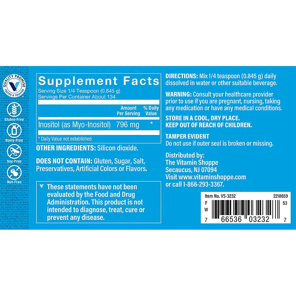 The Vitamin Shoppe Inositol Powder - Cognitive & Mood Balance Support | Pure Myo-Inositol | 4 oz 134 Servings | Unflavored Vegan - Image 2