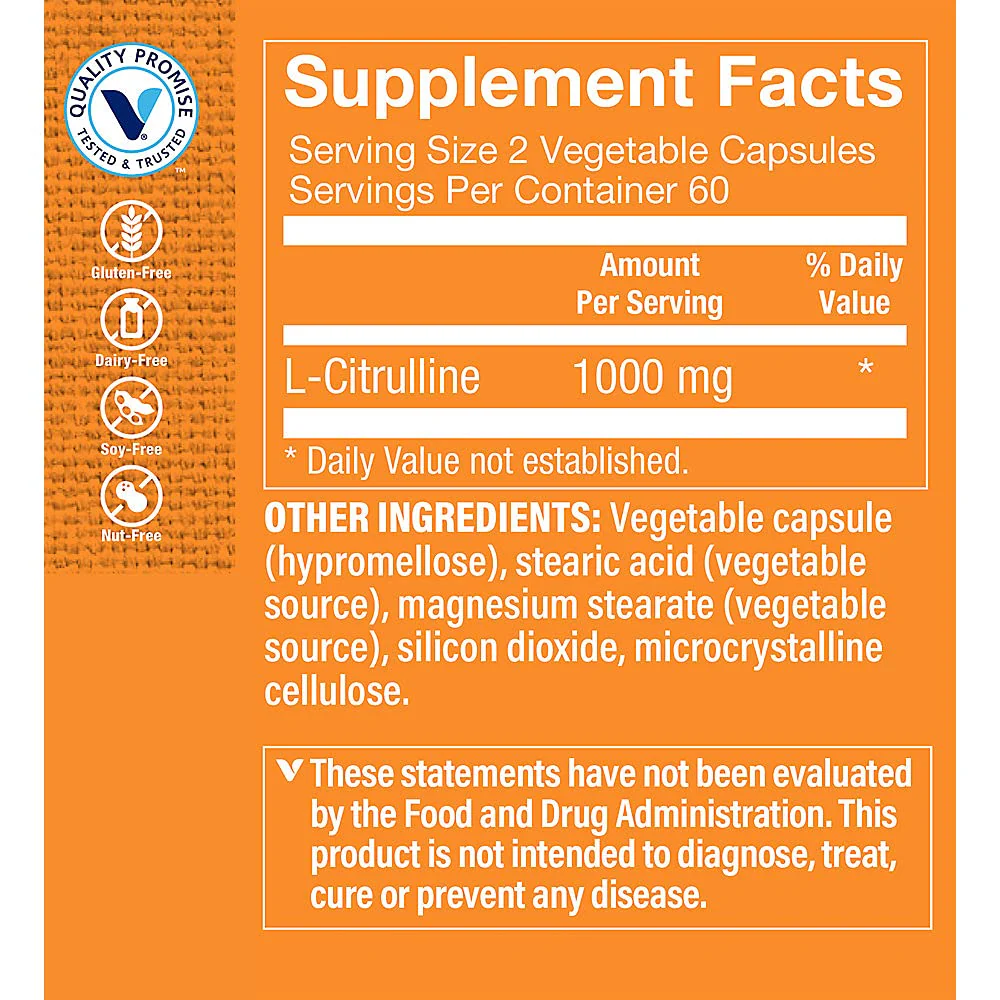 The Vitamin Shoppe L-Citrulline 1000mg - Nitric Oxide Boost & Endurance | Cardiovascular Performance Amino Acid | 120 Veggie Caps | Vegan - Image 4