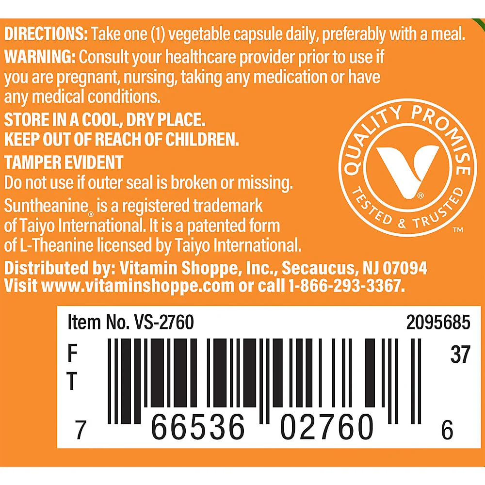 The Vitamin Shoppe L-Theanine 200MG - Calm Focus, Stress Support & Relaxation, Amino Acid from Green Tea (60 Capsules) - Image 4