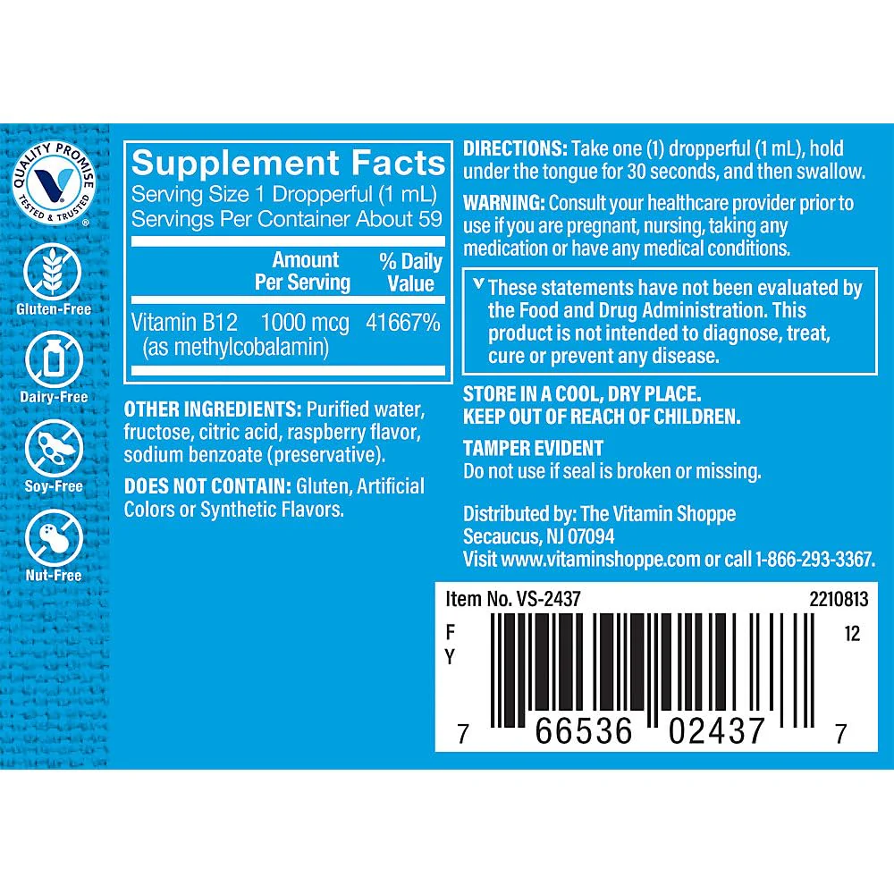 The Vitamin Shoppe Liquid B12 Methylcobalamin 1000 MCG - Energy Production | Raspberry Flavor Drops | 2 oz | Fast Absorption - Image 5
