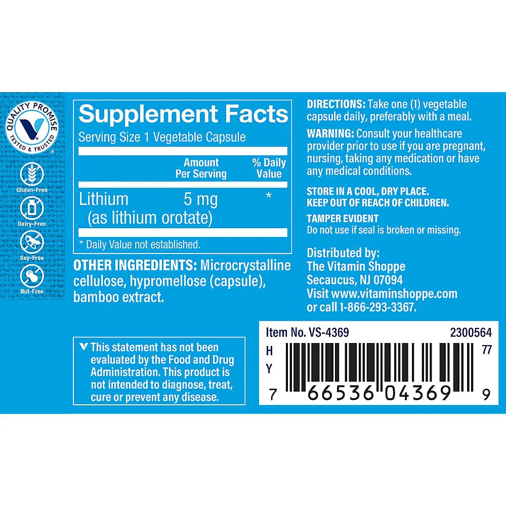 The Vitamin Shoppe Lithium Orotate Brain Nervous System Support (120 Capsules) - Image 3