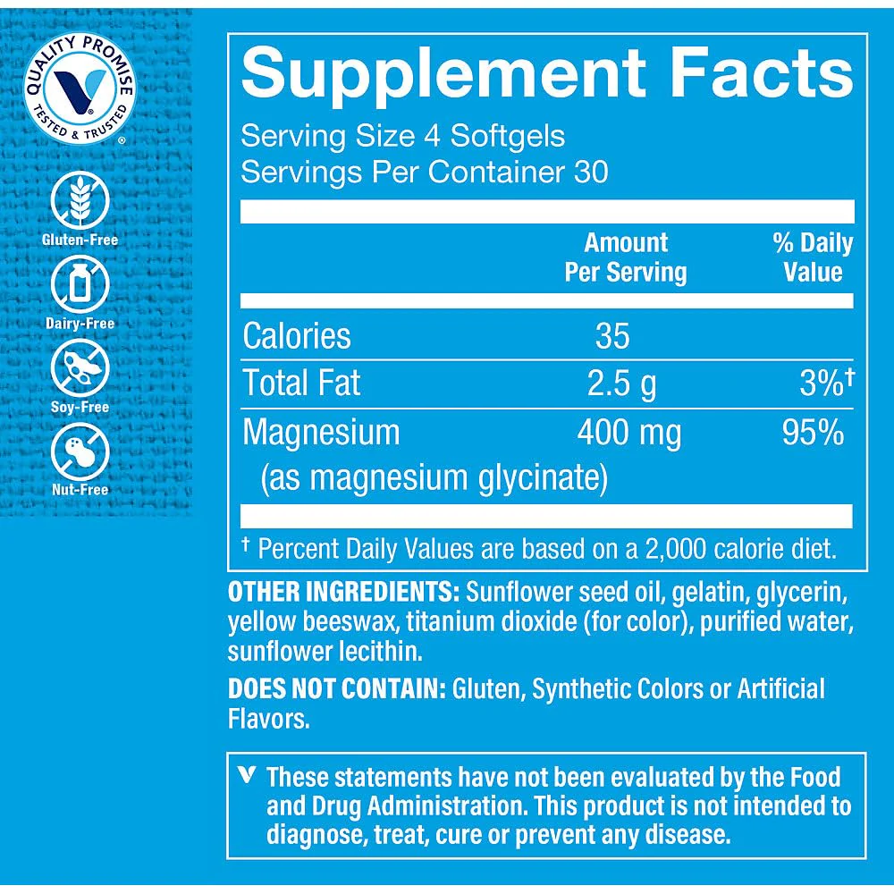 The Vitamin Shoppe Magnesium Glycinate 400 MG - Muscle Relaxation, Bone Health & Calm Support, Gentle on Stomach (120 Softgels) - Image 4