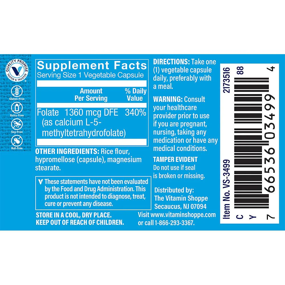 The Vitamin Shoppe Methylfolate for Women's Health Prenatal Support (60 Vegetable Capsules) - Image 3
