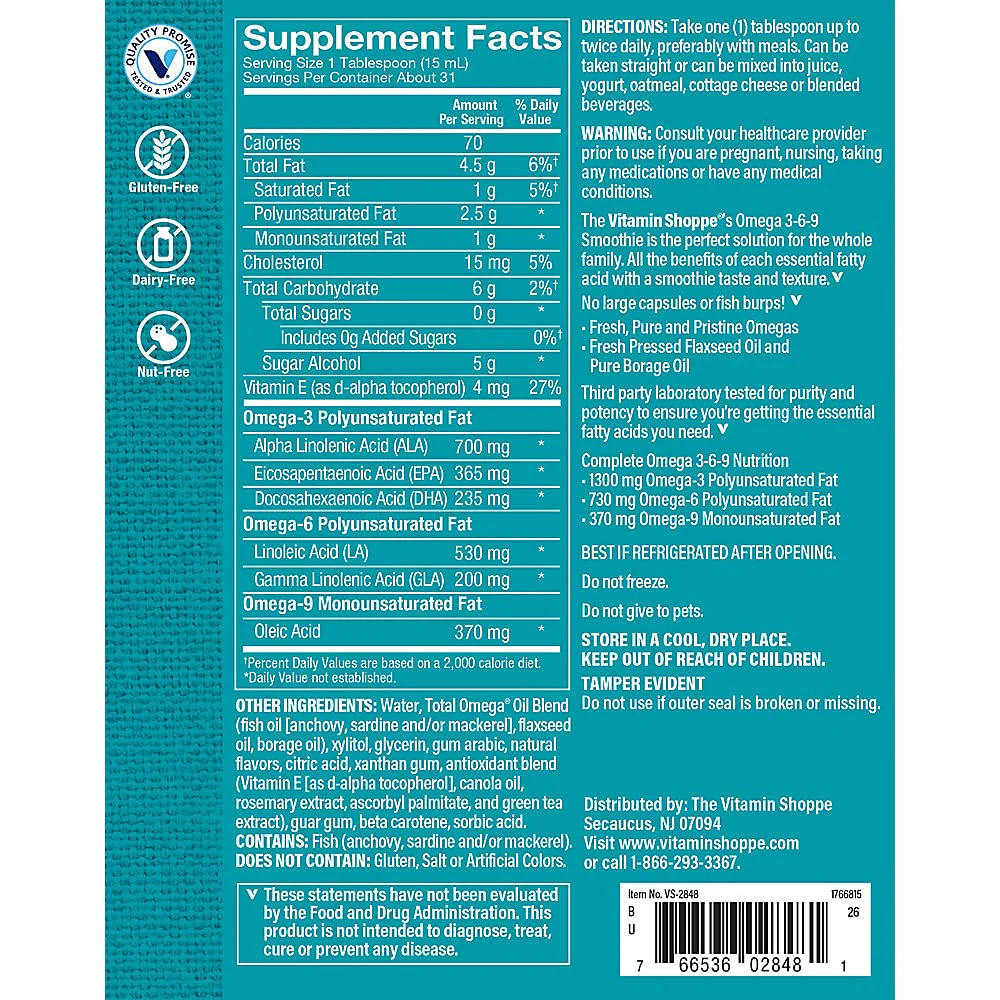 The Vitamin Shoppe Omega 3-6-9 Smoothie - Complete EFA Formula | Orange Cream Flavor Liquid | 16 oz | Heart & Brain Health - Image 3