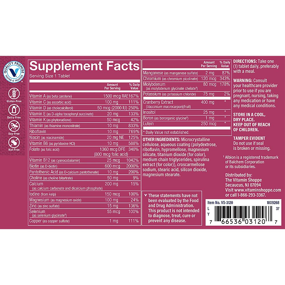 The Vitamin Shoppe Once Daily Women's Multivitamin with No Iron | 2,000IU Vitamin D3, Multi-Mineral Supplement | Supports Energy Production, Cardiovascular, Immune Health (180 Tablets) - Image 4