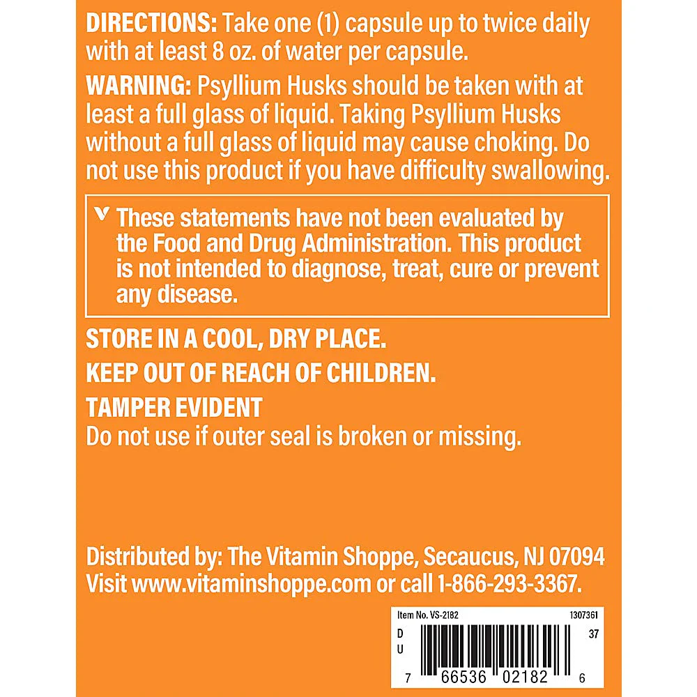 The Vitamin Shoppe Psyllium Husks Plantago Ovata Fiber Supplement (600 Capsules) - Image 4