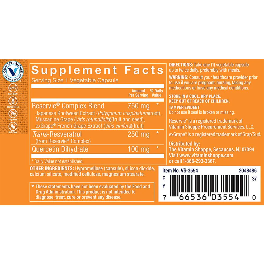 The Vitamin Shoppe Reservie™ Trans Resveratrol 250MG, Antioxidant That Supports Healthy Aging, Cellular and Cardiovascular Health (60 Veggie Caps) - Image 3