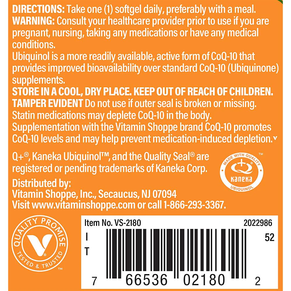 The Vitamin Shoppe Ubiquinol CoQ-10 100mg Beneficial for Those (60 Softgels) - Image 4