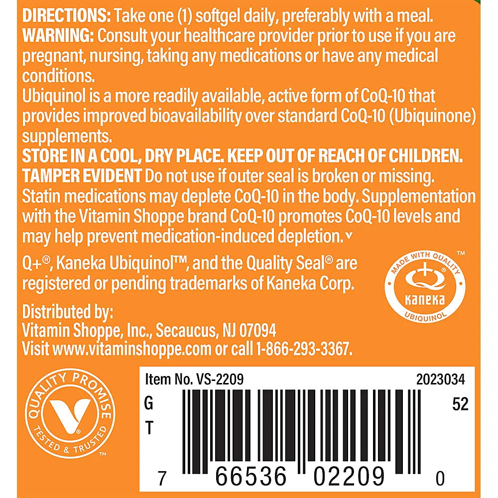 The Vitamin Shoppe Ubiquinol CoQ-10 200mg - Beneficial for Those Taking Statins – Supports Heart & Cellular Health and Healthy Energy Production, Essential Antioxidant – Once Daily (60 Softgels) - Image 4