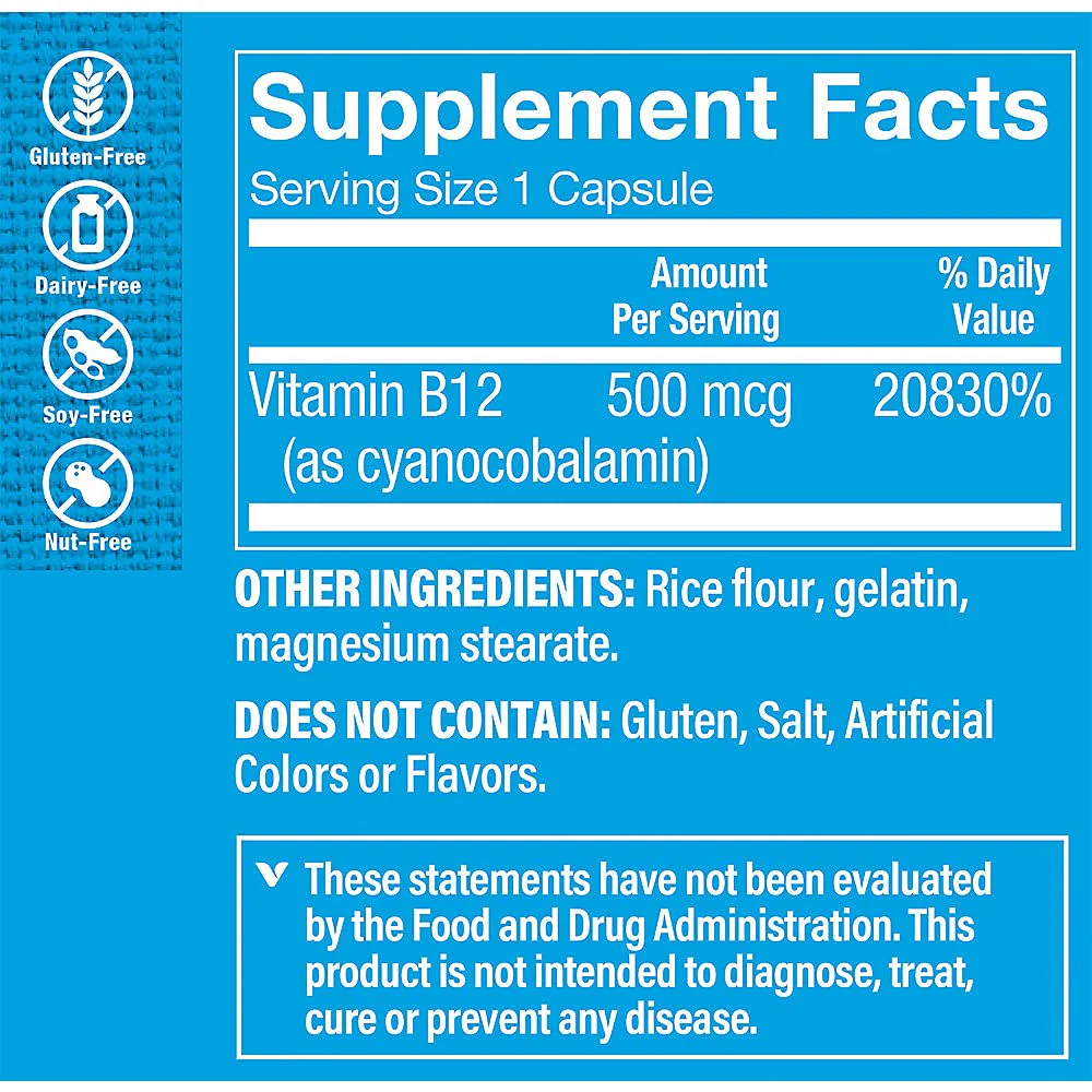 The Vitamin Shoppe Vitamin B12 500MCG - Energy Production, Nervous System & Red Blood Cell Support, Daily B Vitamin (100 Capsules) - Image 5