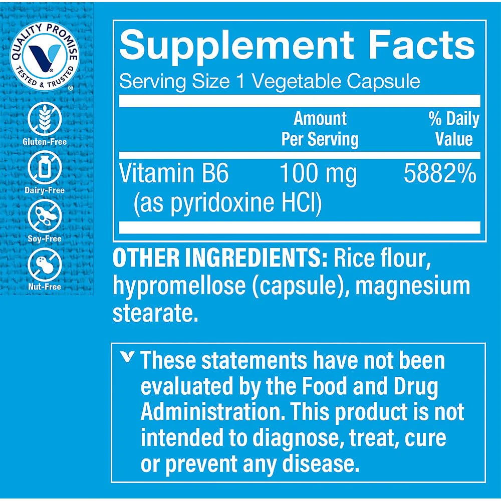 The Vitamin Shoppe Vitamin B6 100mg - Energy Metabolism & Brain Support | Pyridoxine Supplement | 100 Veggie Capsules | Gluten-Free - Image 4