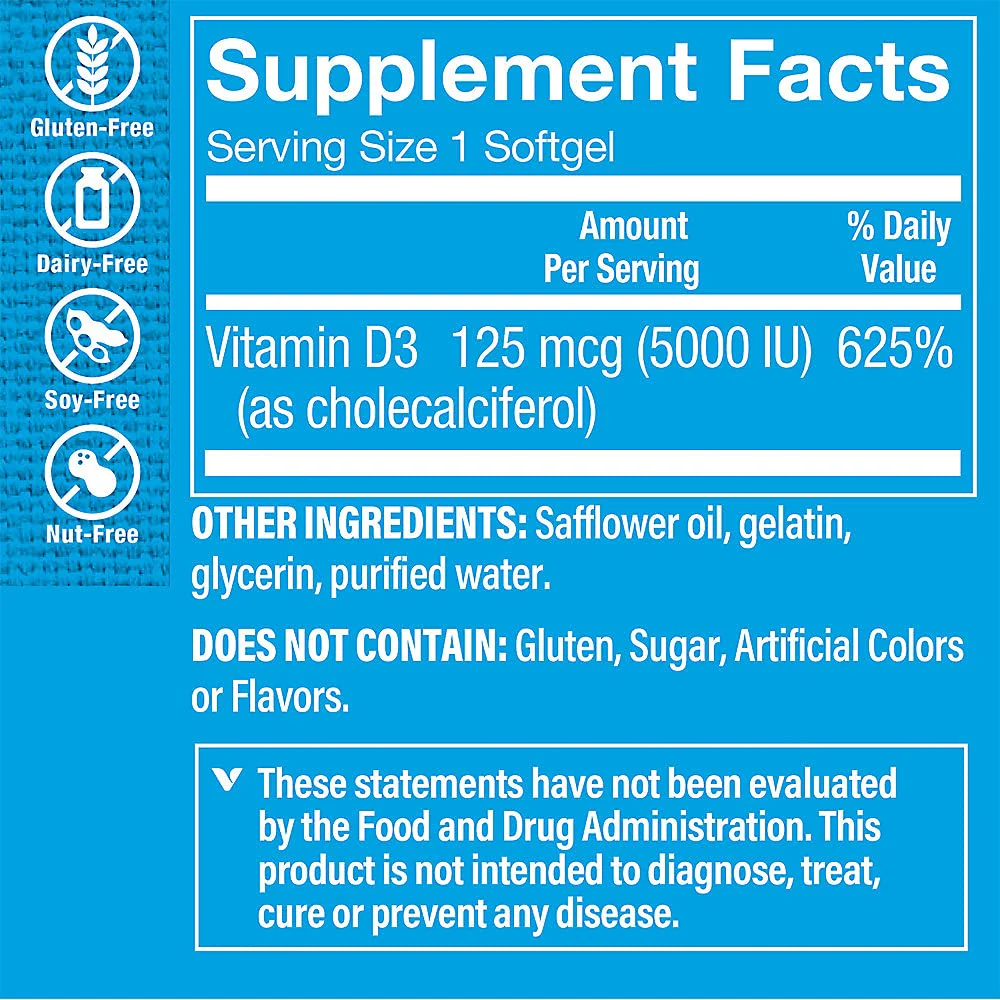 The Vitamin Shoppe Vitamin D3 5000IU - Bone Immune & Cellular Health | Cholecalciferol Softgels | 100 Softgels | Gluten-Free - Image 7