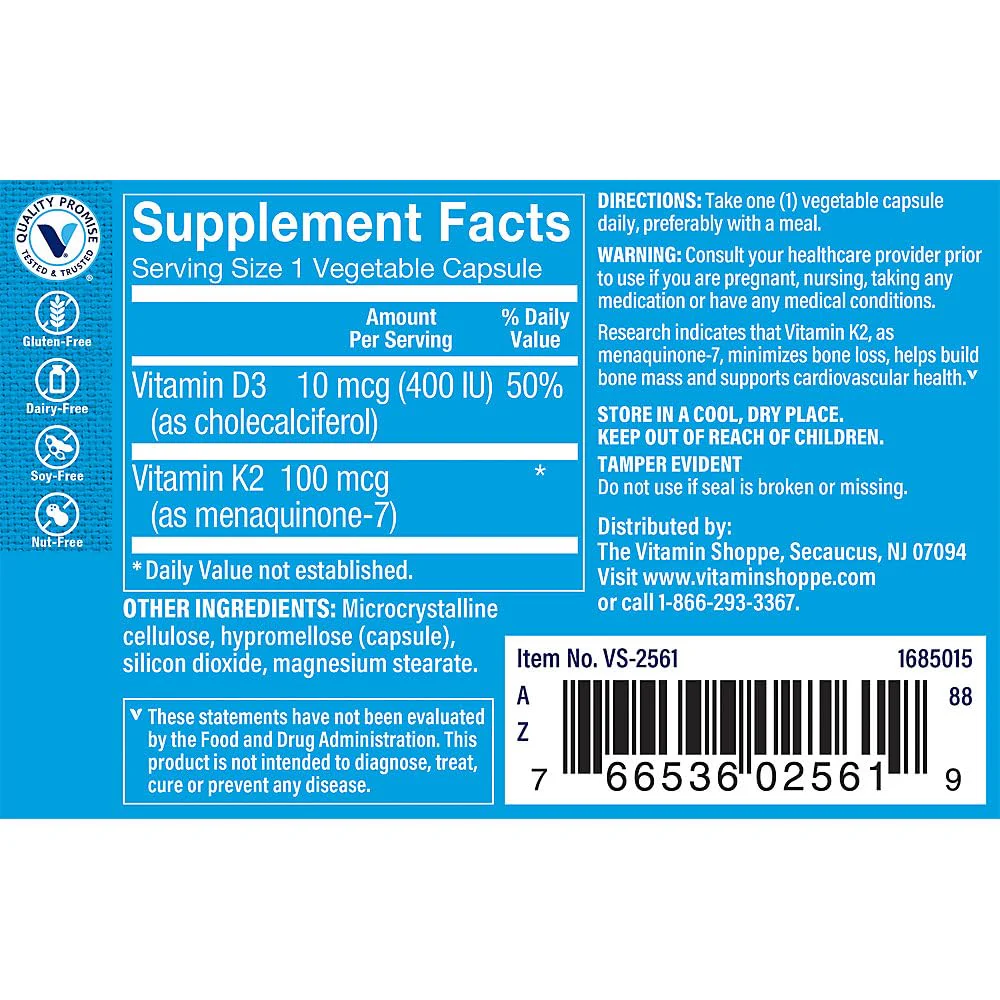 The Vitamin Shoppe Vitamin K2 MK-7 100 MCG - Bone Density & Arterial Health | Menaquinone-7 | 60 Capsules | Vegan - Image 4