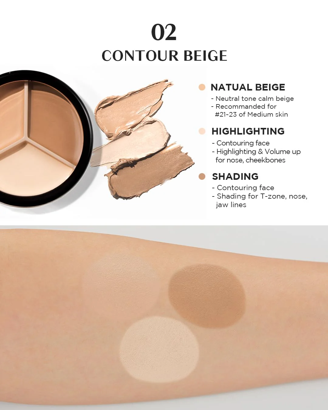 THESAEM Cover Perfection Triple Pot Concealer - 02 Contour Beige for 3D Facial Contouring - 3-Color Multi Concealer Palette with Shading & Highlighting - Korean Makeup with Sweet Almond Oil - Image 4