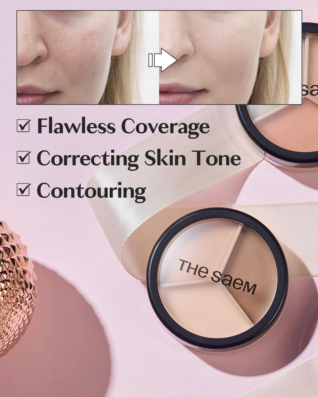 THESAEM Cover Perfection Triple Pot Concealer - 02 Contour Beige for 3D Facial Contouring - 3-Color Multi Concealer Palette with Shading & Highlighting - Korean Makeup with Sweet Almond Oil - Image 7