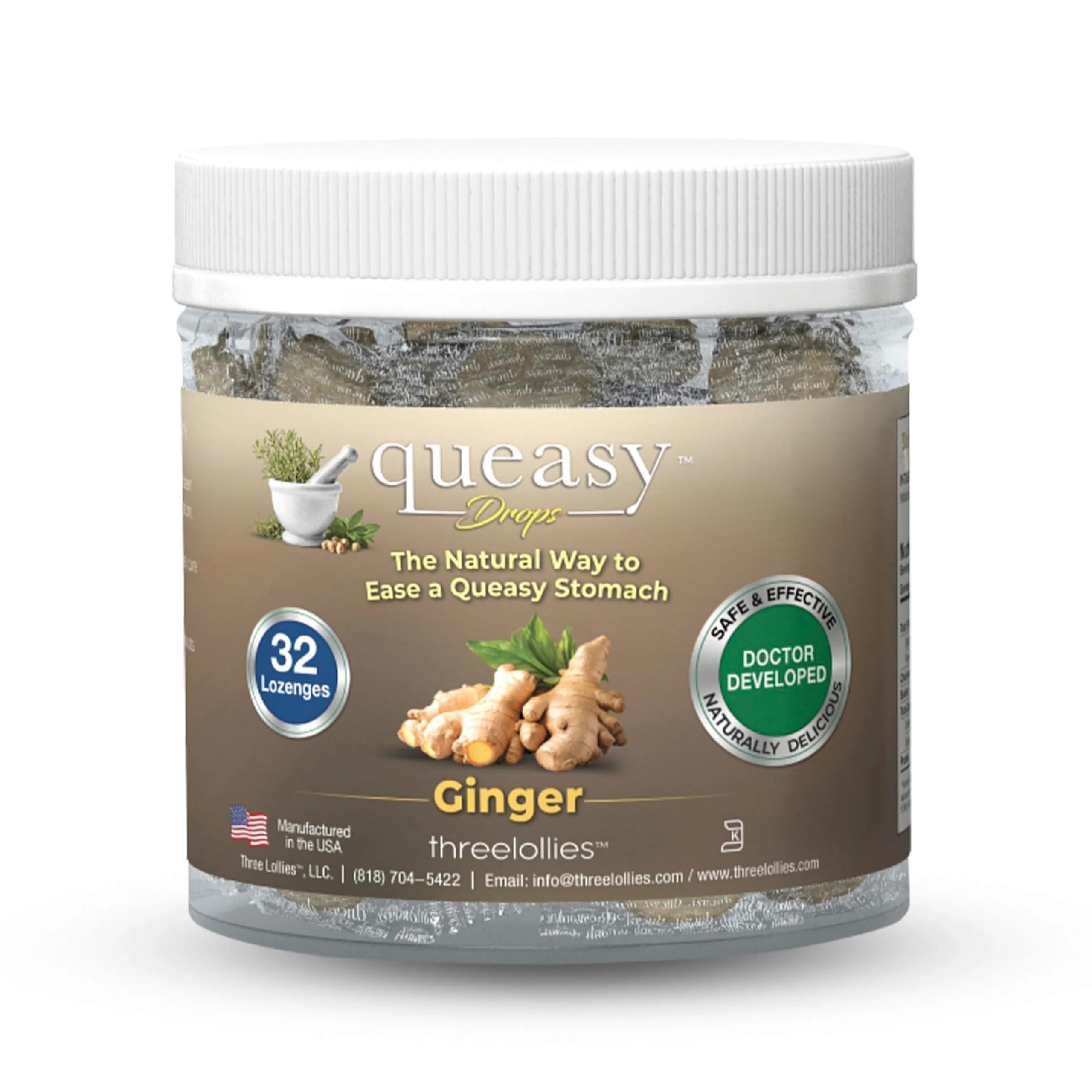 Three Lollies Queasy Drops - Ginger Flavor - Relief from Nausea & Travel Sickness, Soothes a Dry Mouth & Settles Stomach - Natural Ingredients - 32 ct